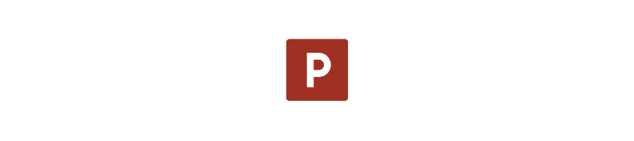 Logo featuring the letter "P" on a reddish-brown background.