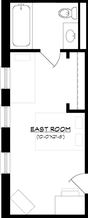 room schematic that shows queen & twin bed, TV, chest of drawers, desk, closet and en-suite bathroom.