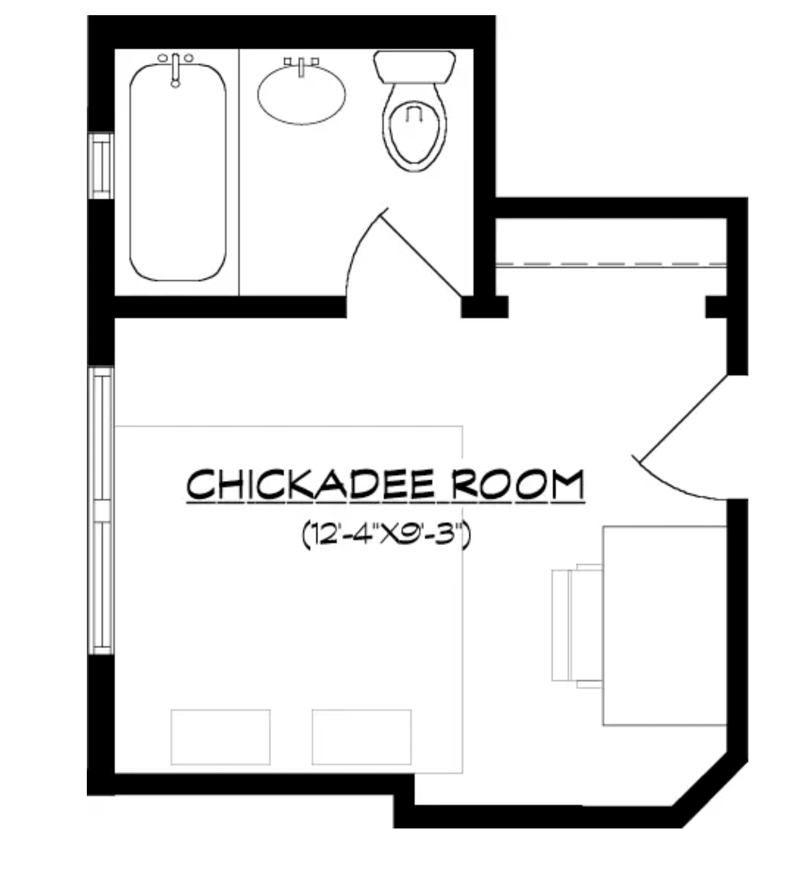 Floor plan of the Chickadee Room, measuring 12'4" x 9'3", including a bathroom layout.