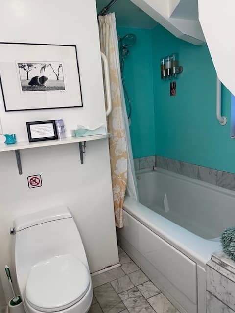 A modern bathroom featuring a toilet, bathtub with shower, a framed photo, and teal walls.