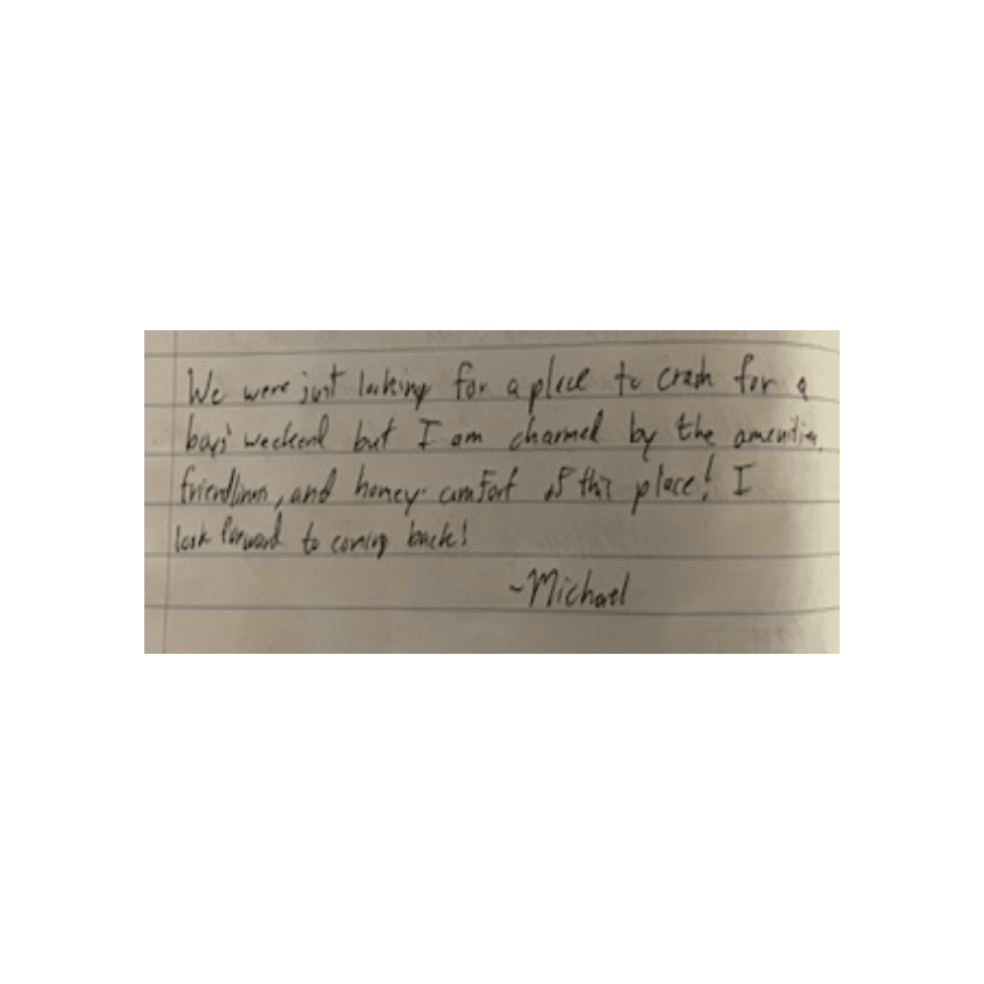 Handwritten note from Michael expressing his enjoyment of a getaway and eagerness to return.