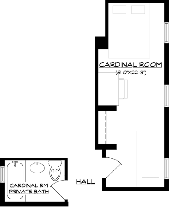 room schematic showing where queen bed, twin bed, desk and closet. separate schematic shows private bathroom with tub & shower