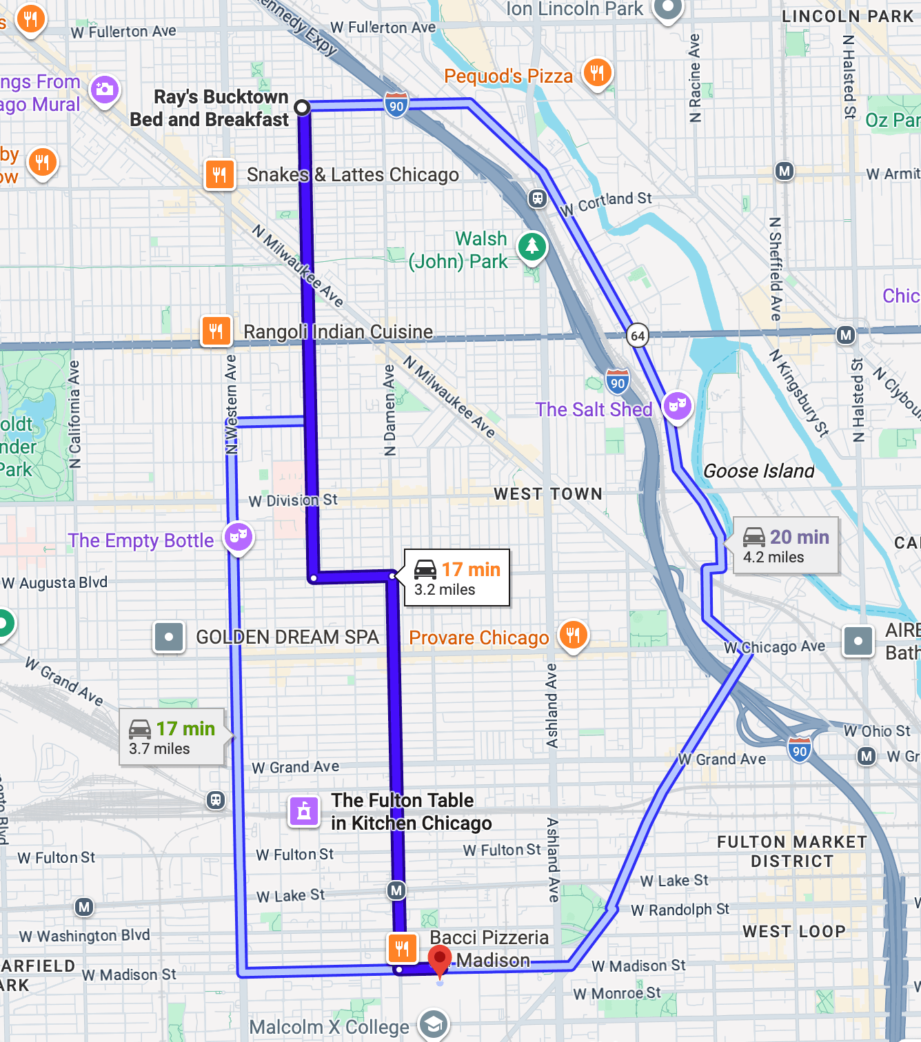 A map showing a route from Ray's Bucktown Bed and Breakfast to The Fulton Table in Kitchen Chicago, with travel times and distances indicated.