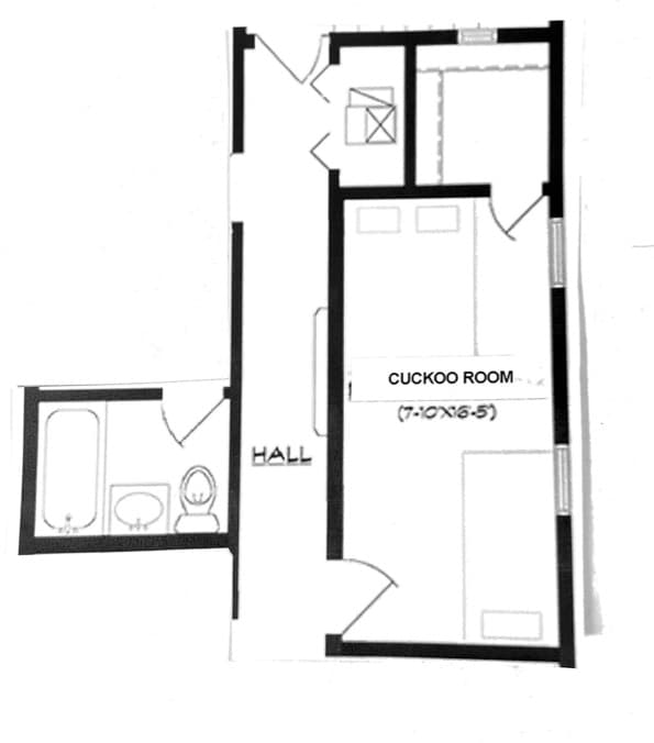 Floor plan of a room labeled "Cuckoo Room" with dimensions, a bathroom, and a hallway.