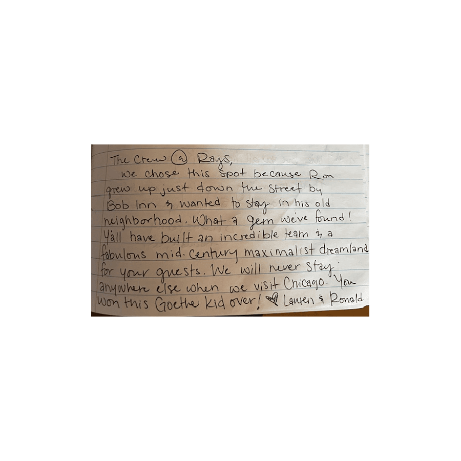 A handwritten note expressing appreciation for a stay at a neighborhood spot by Lauren and Ronald.