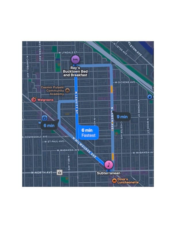 Map showing a route to Ray's Bucktown Bed and Breakfast with travel times indicated for different paths.