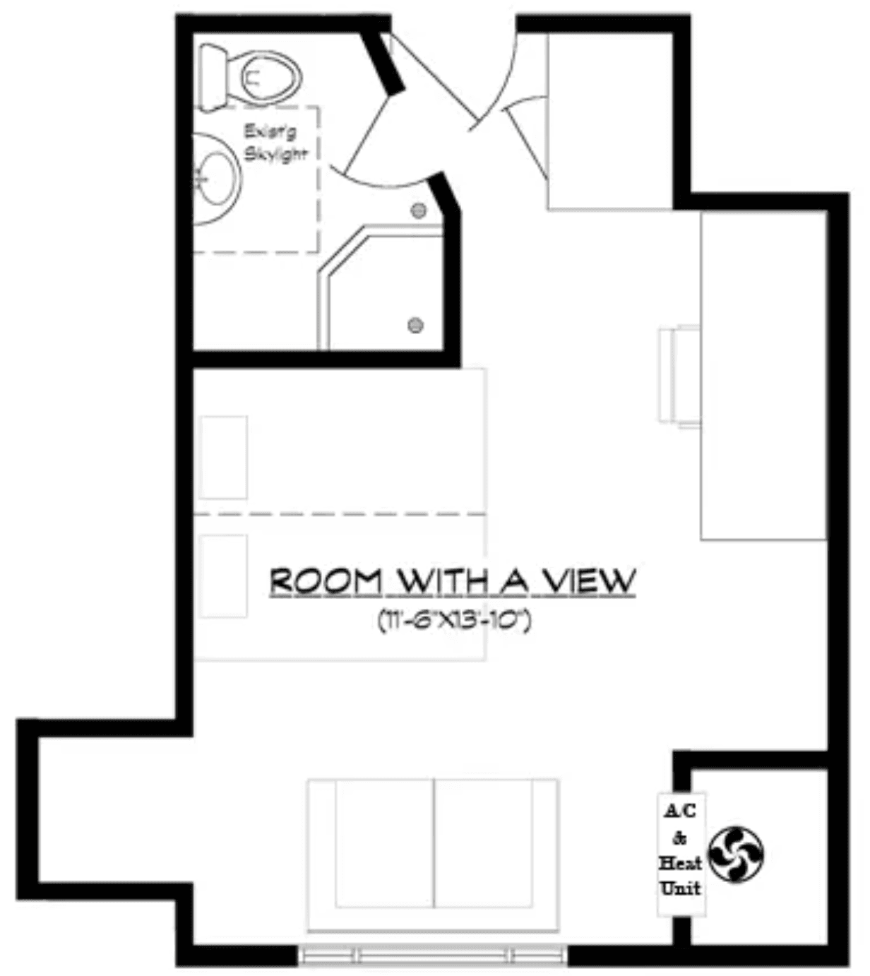 A floor plan labeled "Room with a View" featuring a bathroom, skylight, and an AC unit.