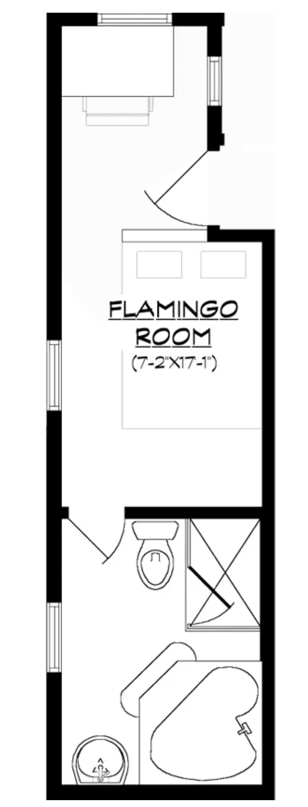 Blueprint of a room labeled "Flamingo Room," measuring 7'2" x 17'1," featuring a bathroom and an entrance.