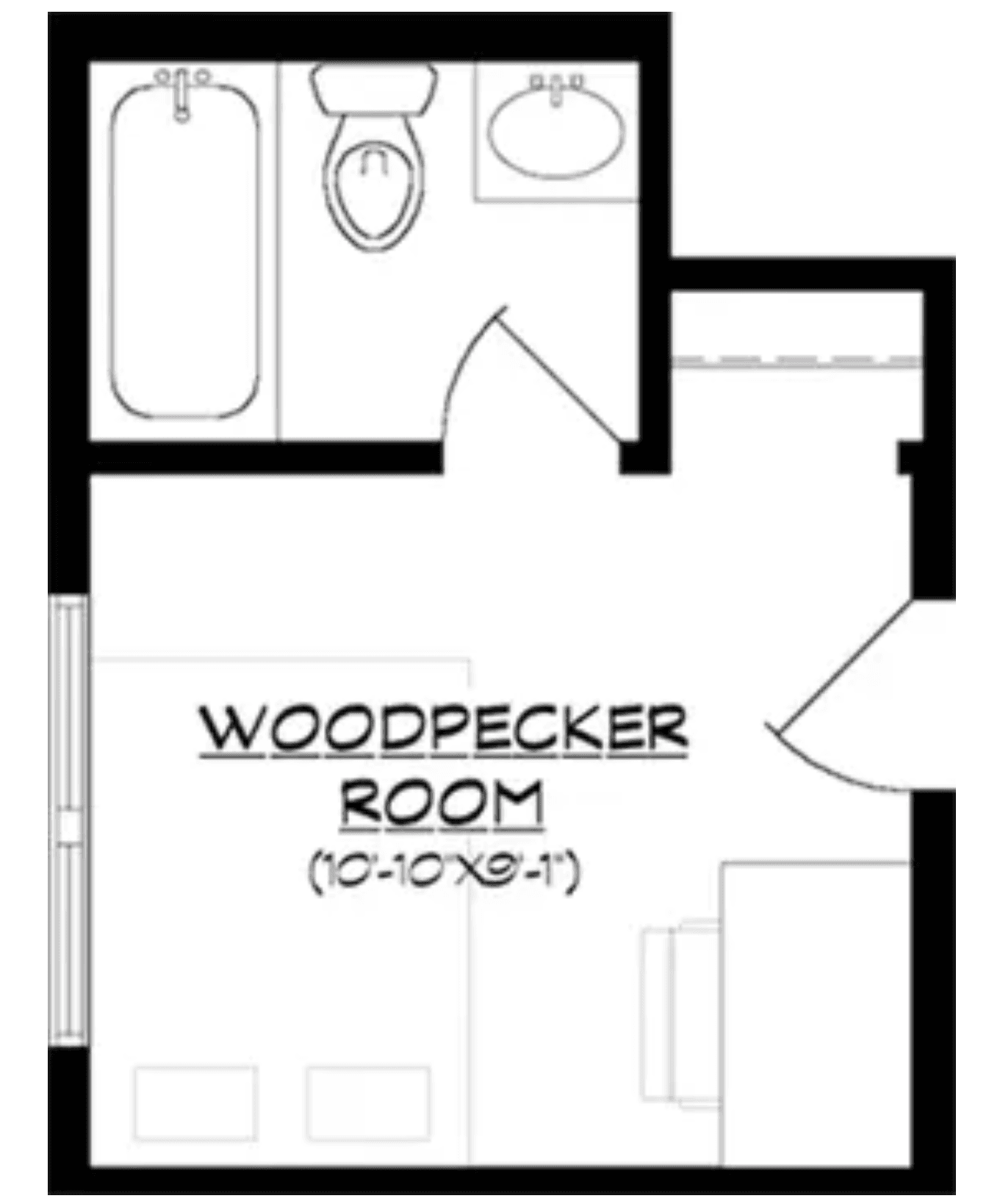 Floor plan of the Woodpecker Room, featuring a bathroom and living space.