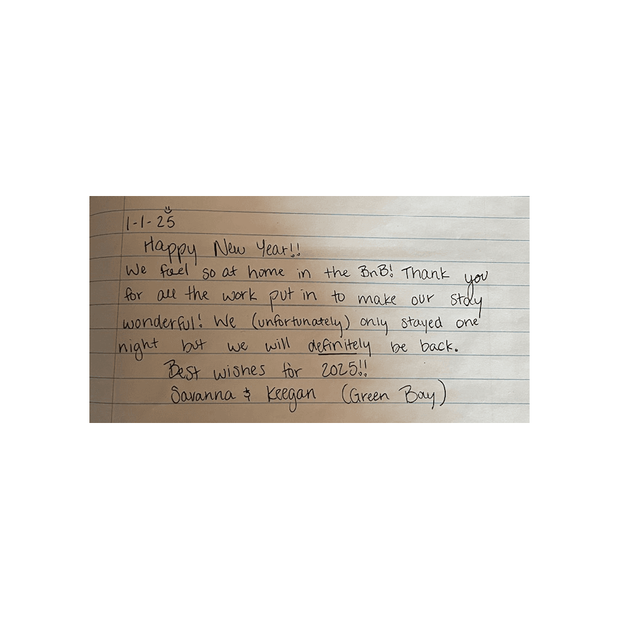 A handwritten note expressing gratitude for a stay at a B&B and wishing happy new year.